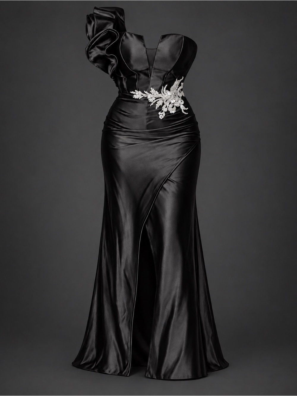 One-Shoulder Black Evening Gown with Crystal Appliqué